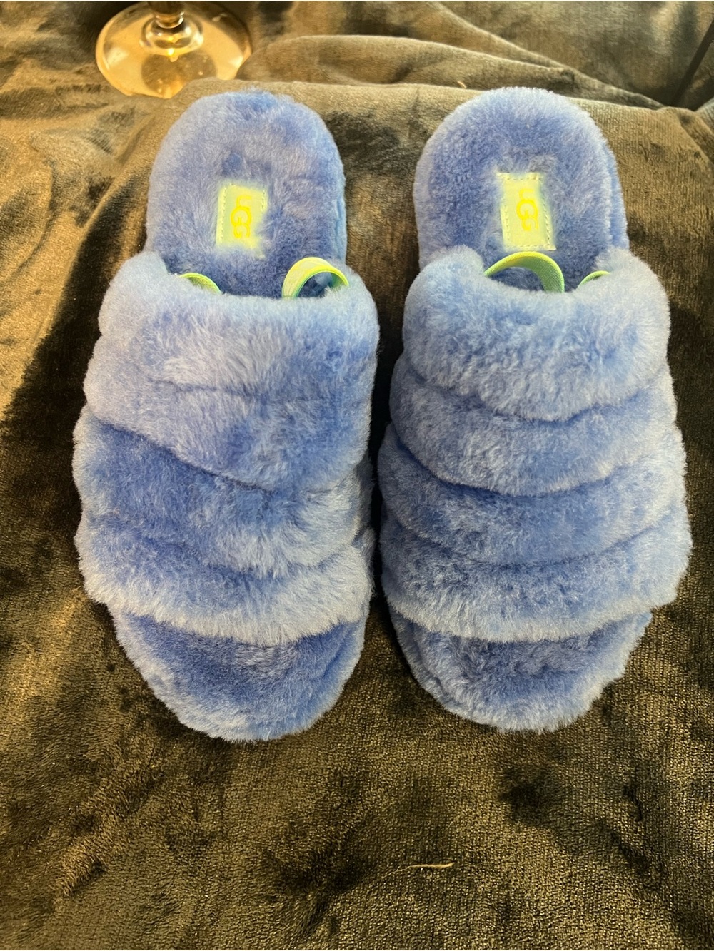 UGG Blue Plush Fuzz Slide Slippers with Lime Accents
